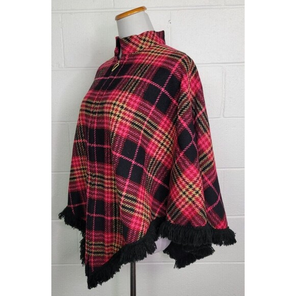 Vintage Dutchmaid Pink Red Plaid Wool Tweed Poncho w. Fringe Jr. Miss 16-18 - Picture 6 of 8